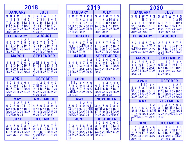 2018 2019 2020 3 year calendar