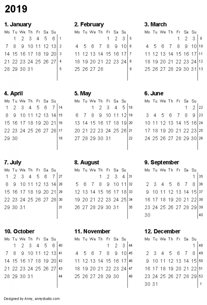 12 Month Calendar 2019 Printable