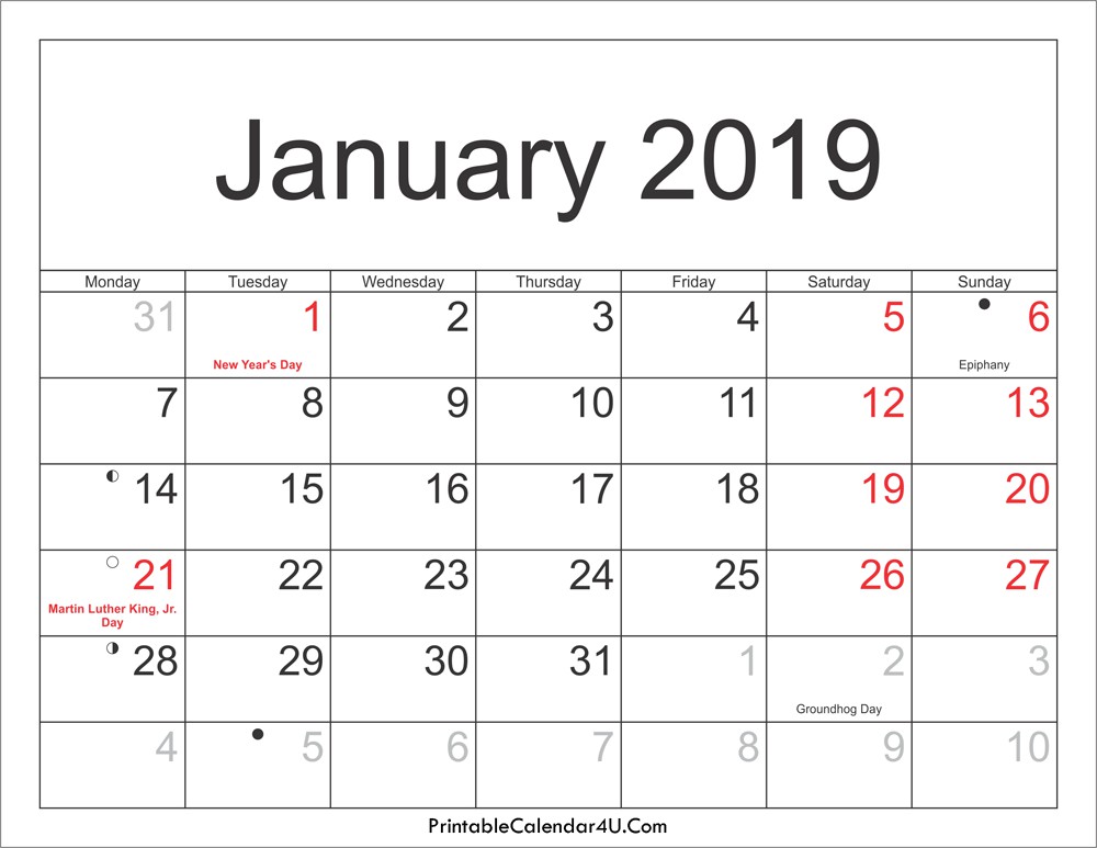 January 2019 Calendar PDF