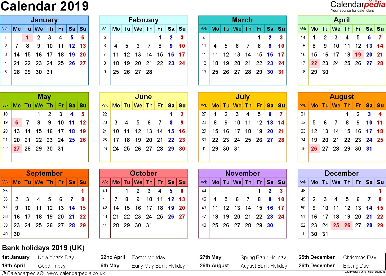 Calendar 2019 UK 16 free printable PDF templates