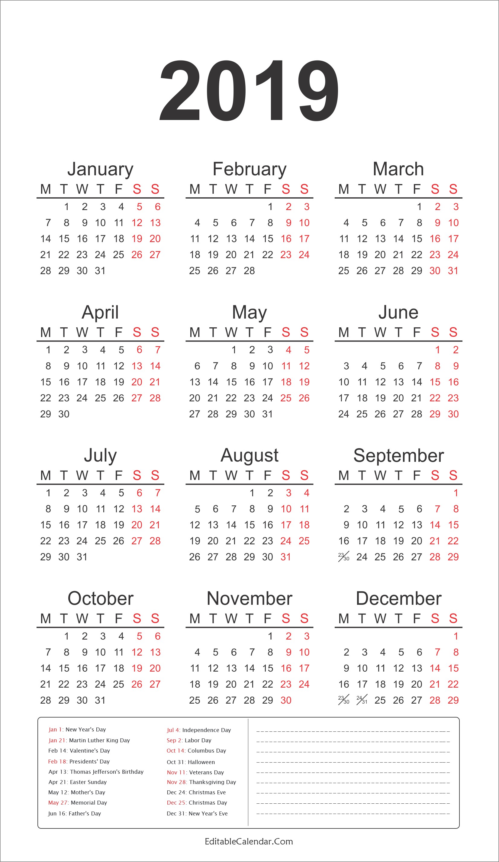 2019 Calendar Template with US Federal Holidays Yearly