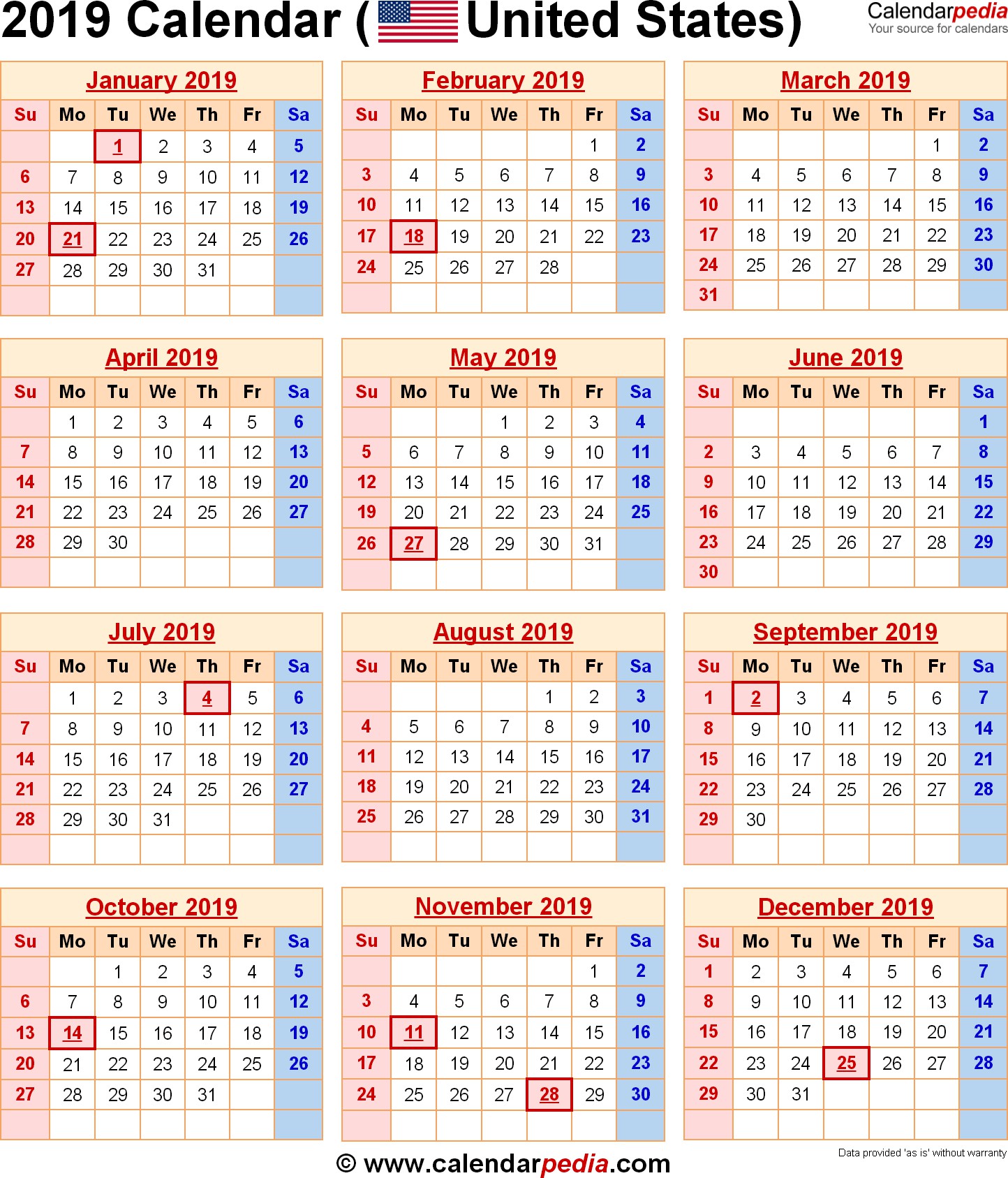 2019 Calendar with Federal Holidays & Excel PDF Word templates