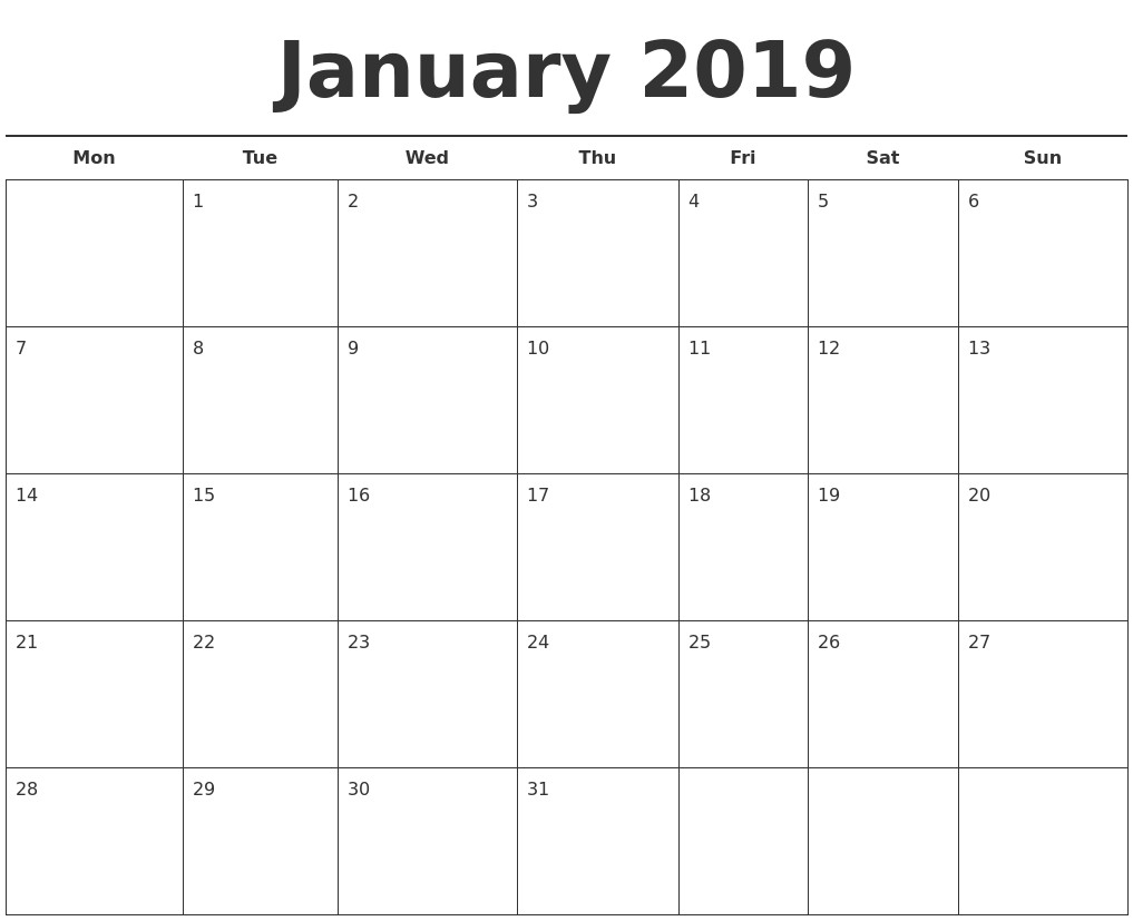 january 2019 free calendar template