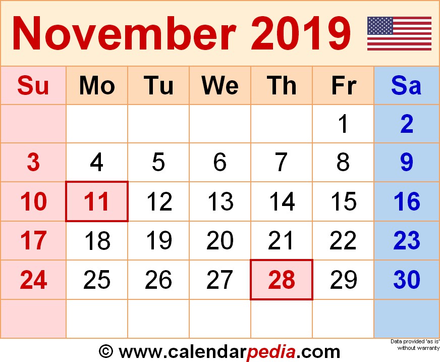 November 2019 Calendars for Word Excel & PDF