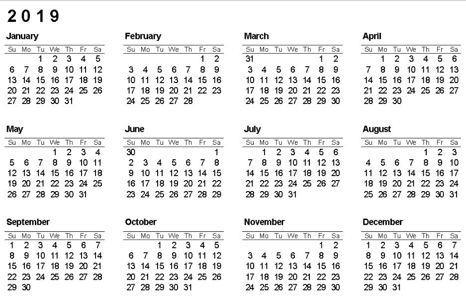2019 Calendar e Page
