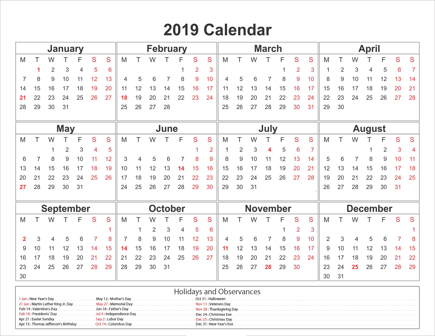 Free Printable Calendar 2019 Templates