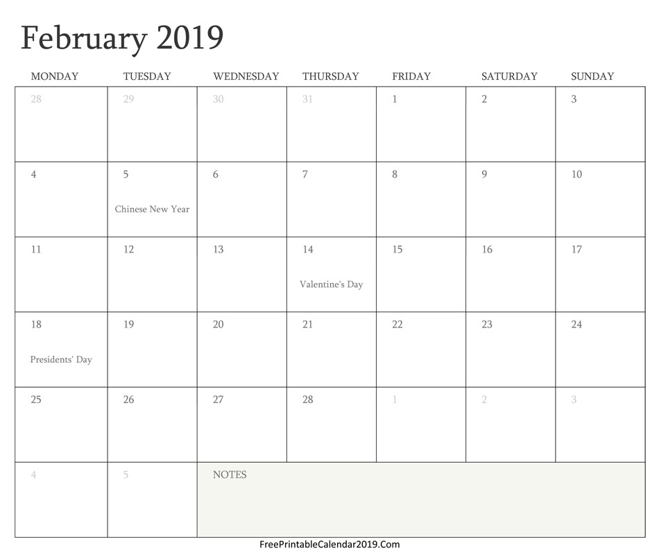 February 2019 Calendar With Holidays