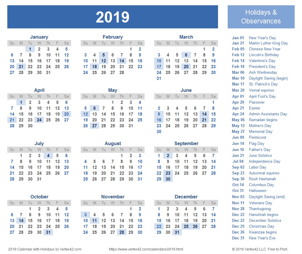 2019 calendar one page yearly printable calendar