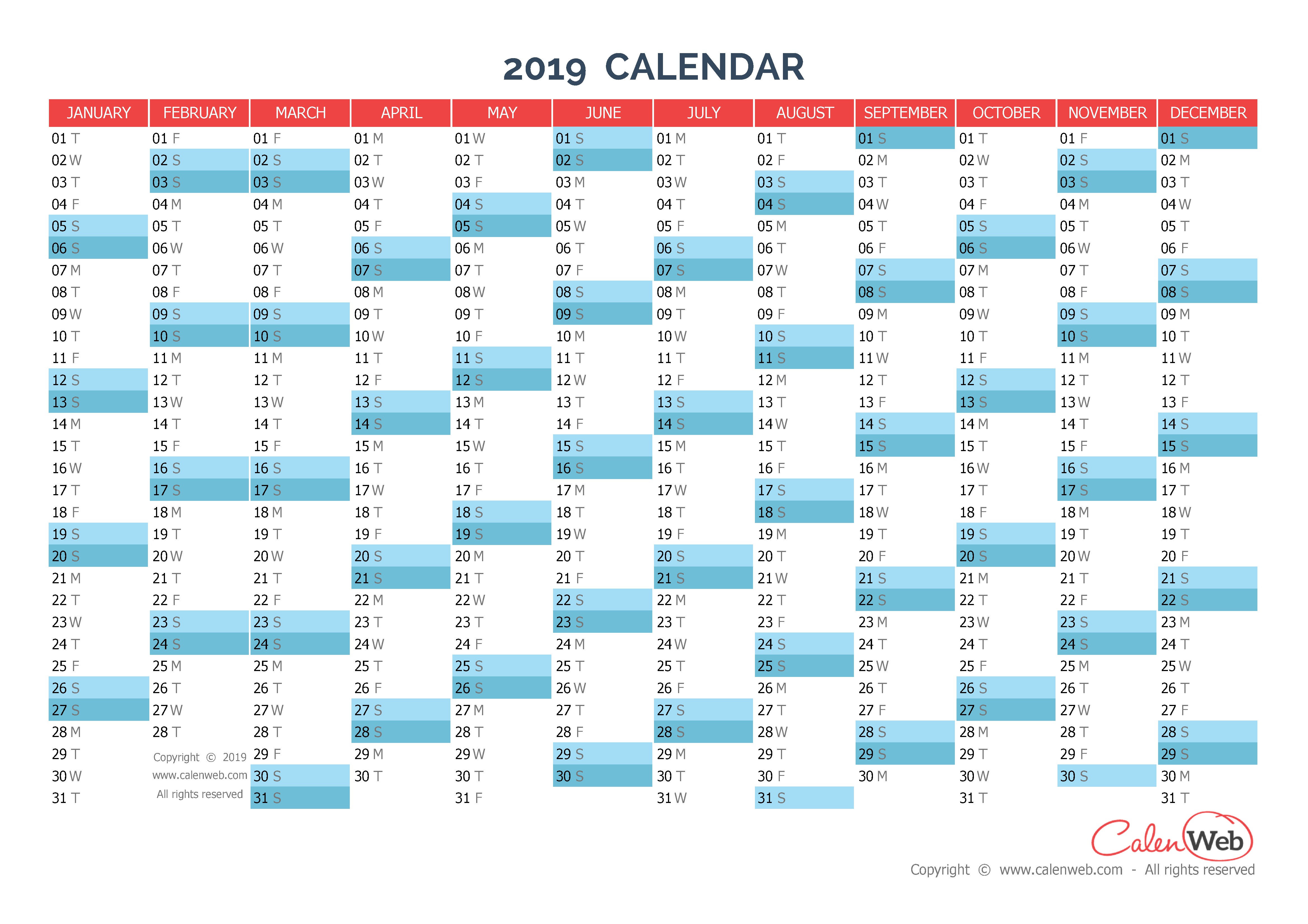 Yearly calendar – Year 2019 Yearly horizontal planning