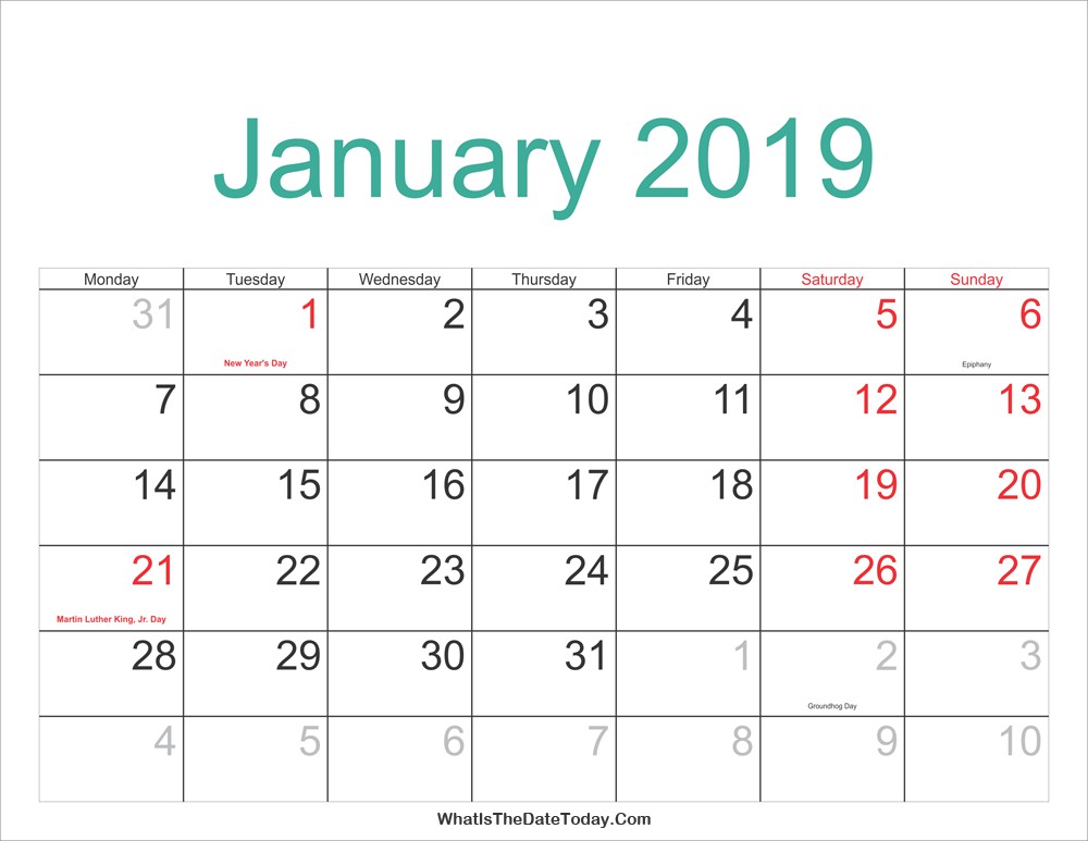 January 2019 Calendar Printable with Holidays