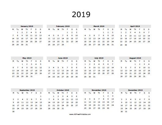 2019 year at a glance printable calendar yearly calendar