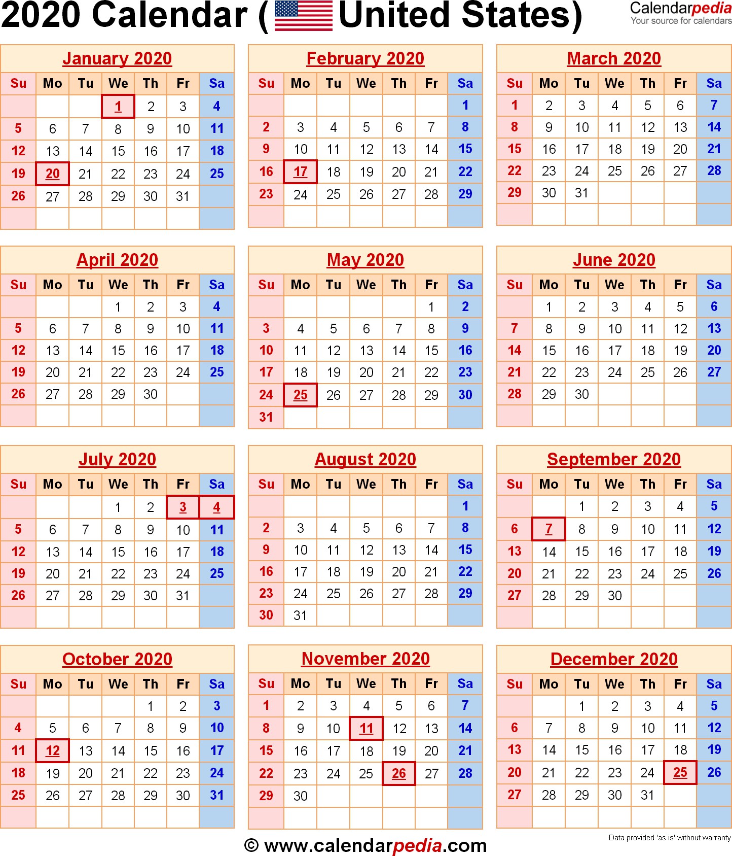 2020 calendar with federal holidays excel pdf word templates