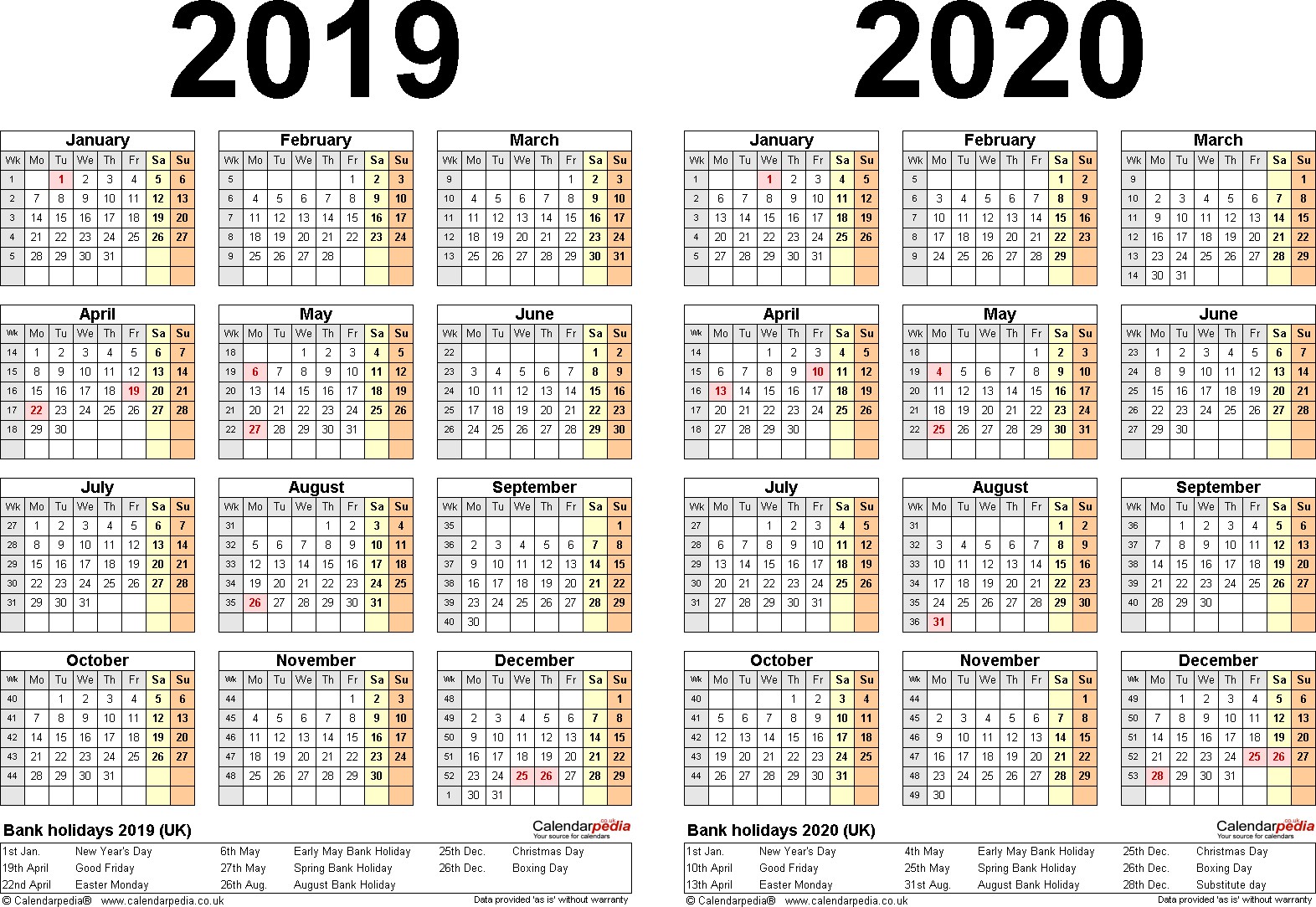 two year calendars for 2019 2020 uk for word