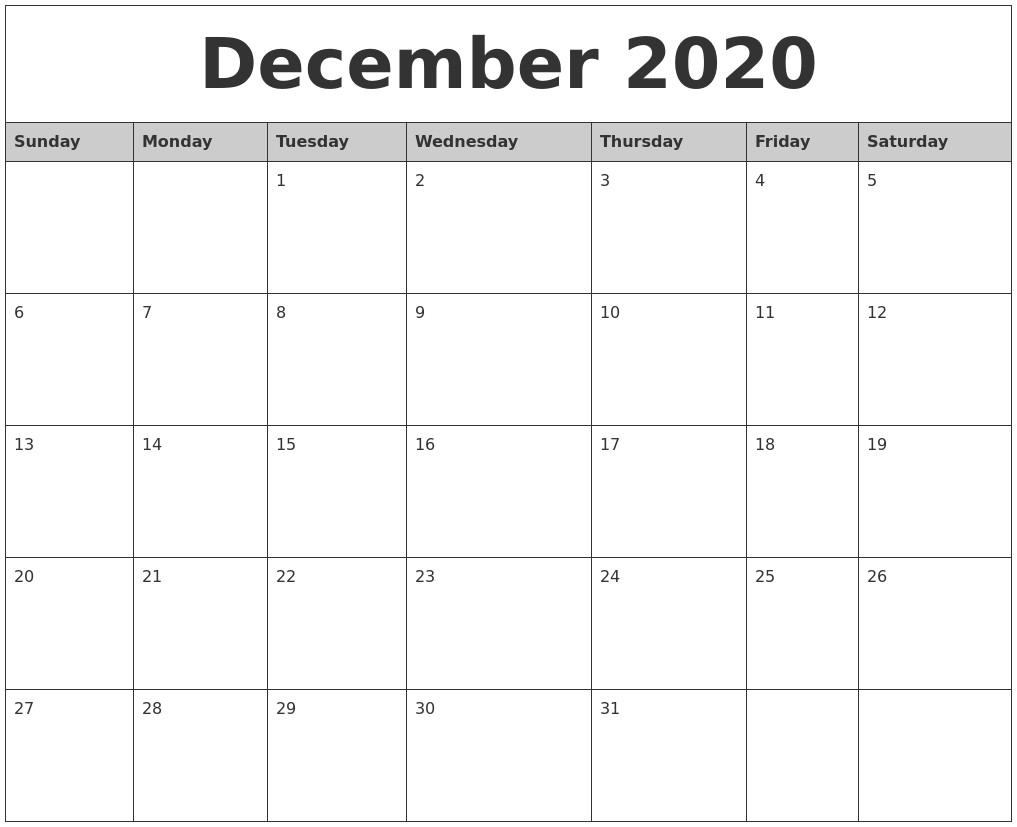 december 2020 monthly calendar printable