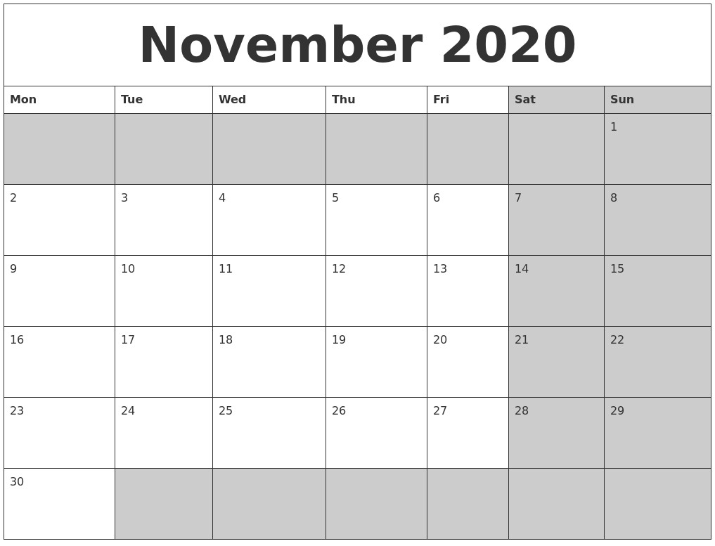 november 2020 calanders