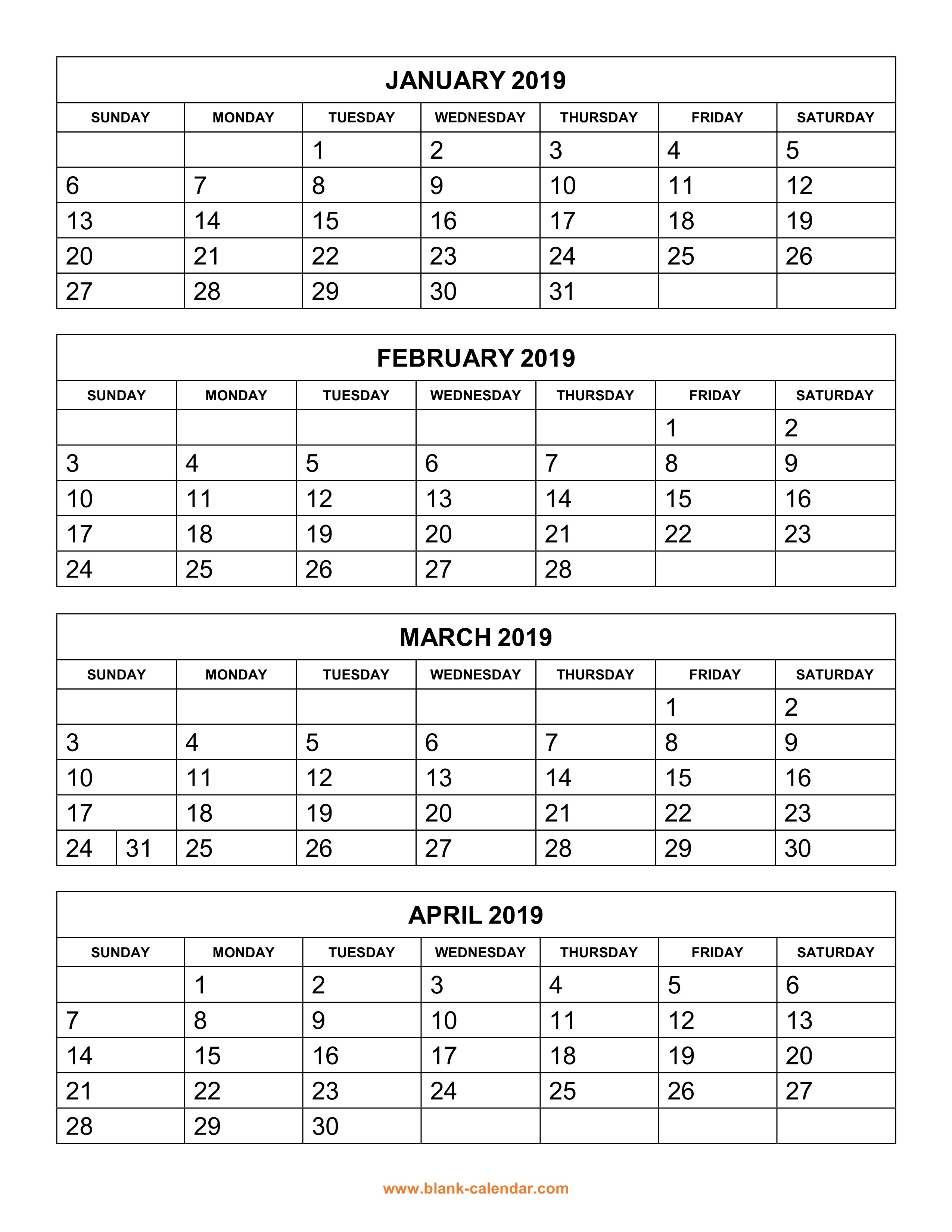 free download printable calendar 2019 4 months per page