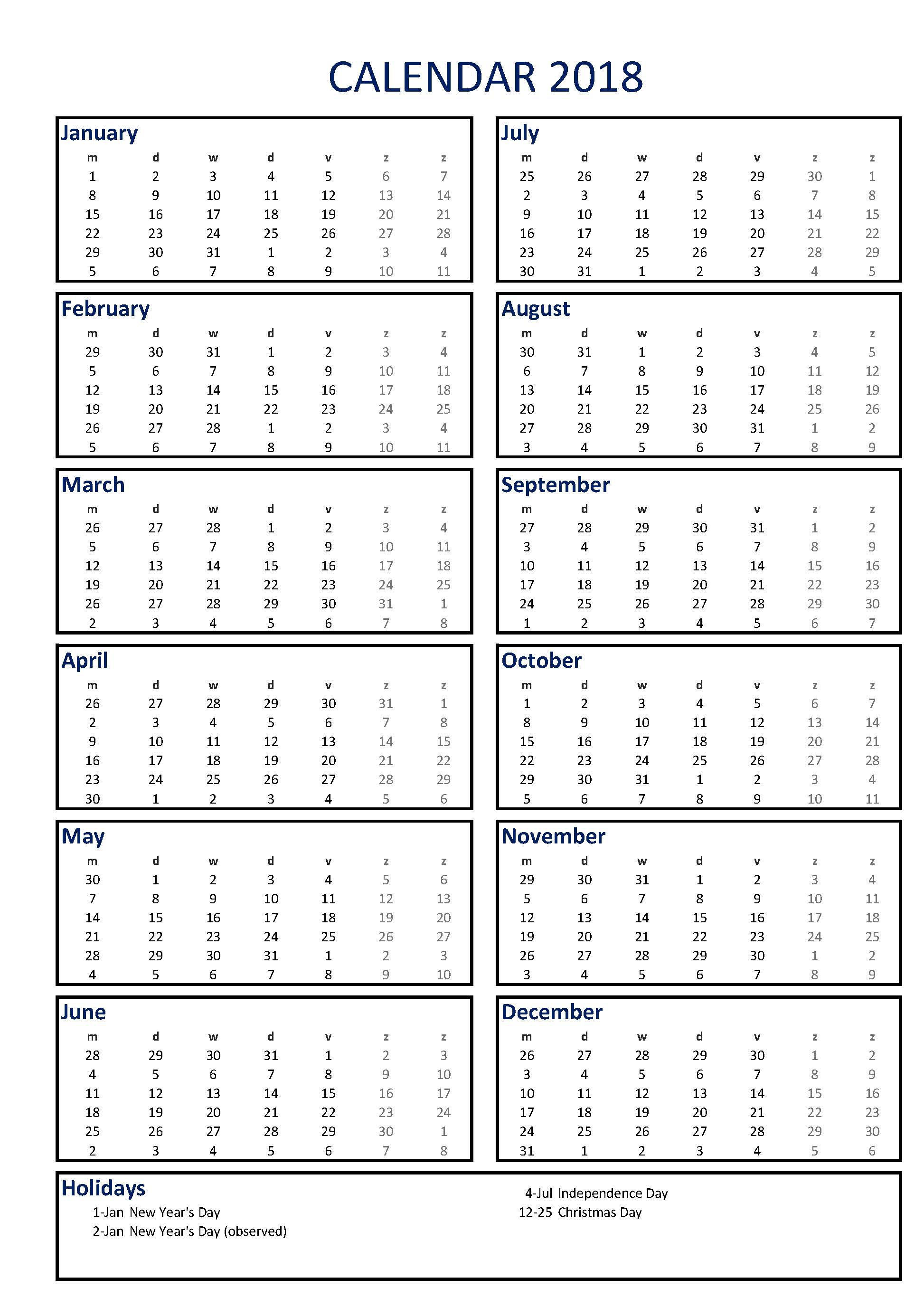 Free 2018 Calendar A3 portrait MS Excel template