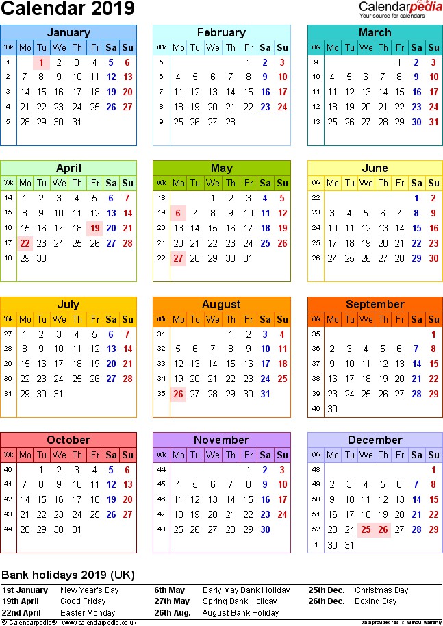 Calendar 2019 UK 16 free printable PDF templates
