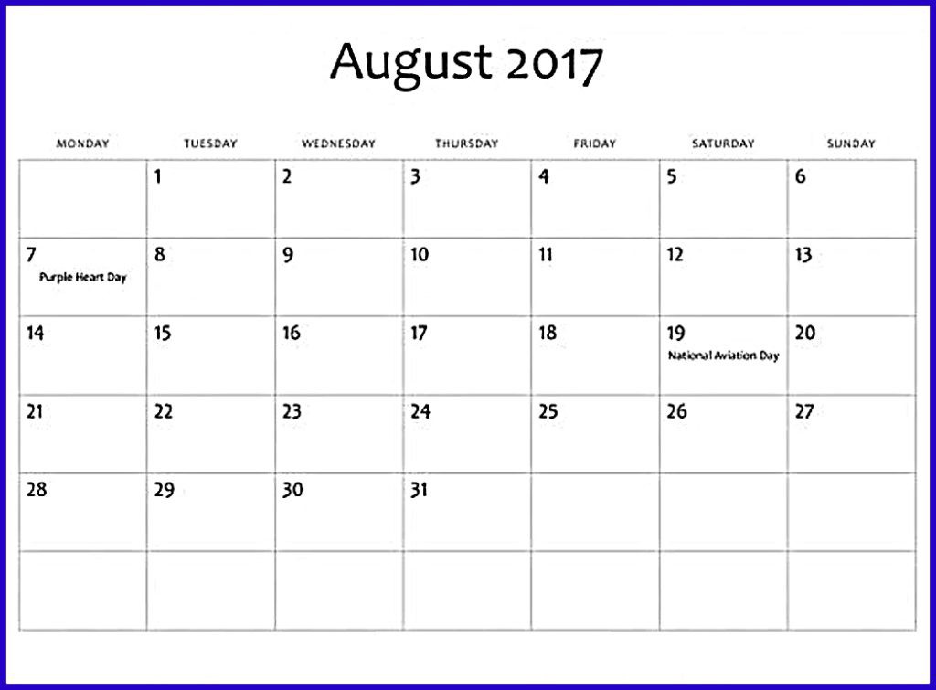 august 2017 calendar a4 calendar template letter format