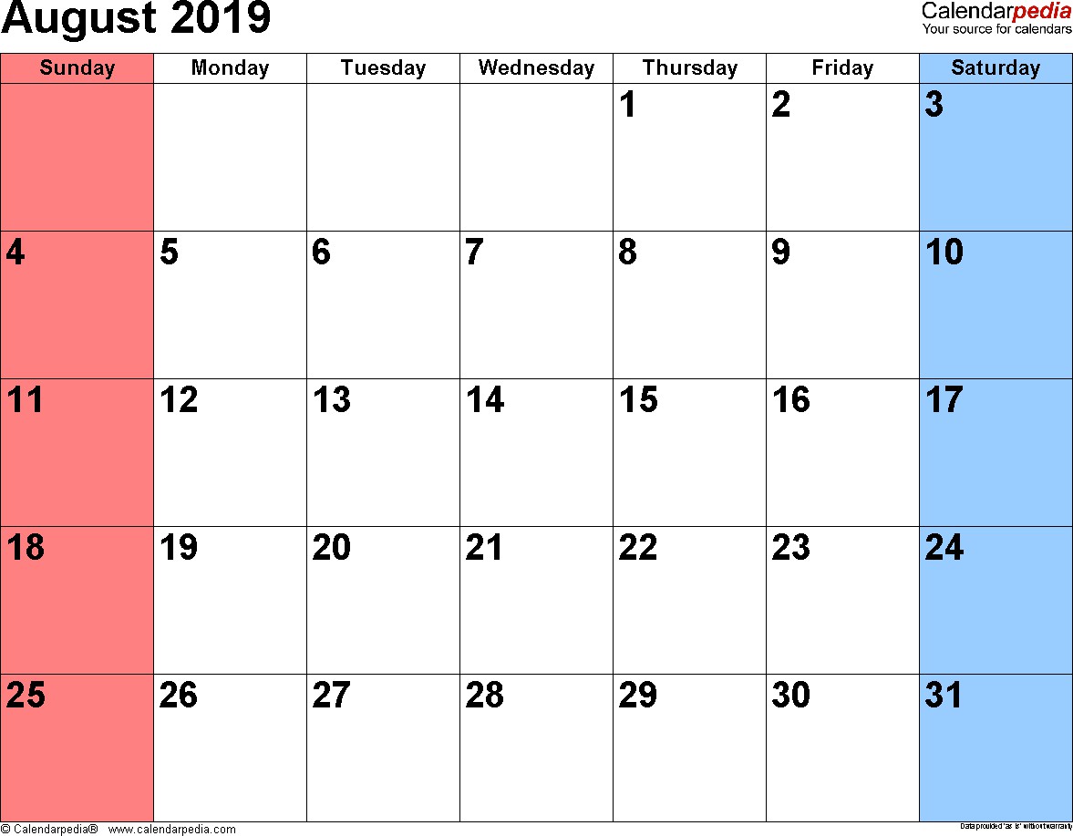 August 2019 Calendars for Word Excel & PDF