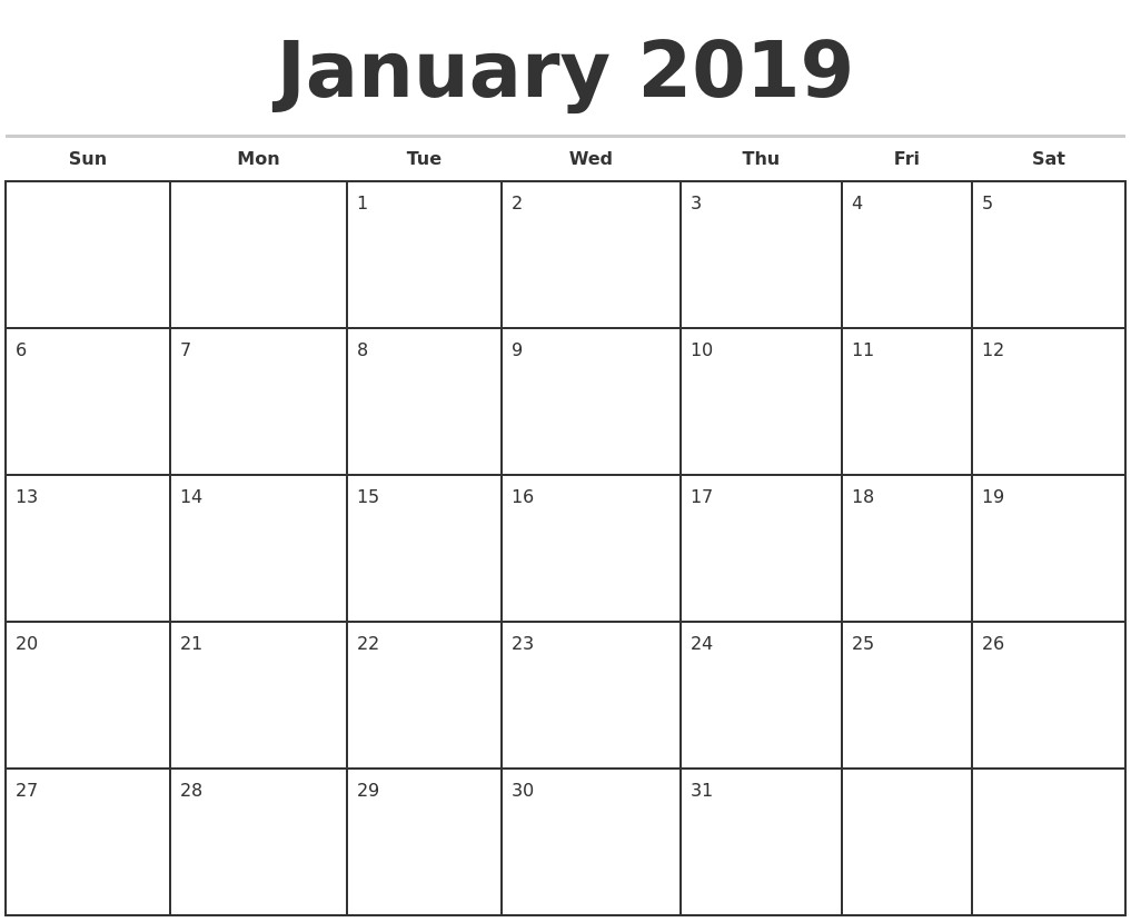 Blank Monthly Calendar 2019