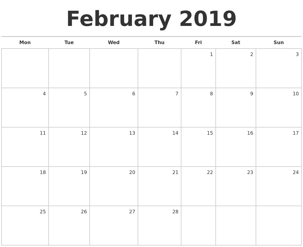 february 2019 blank monthly calendar