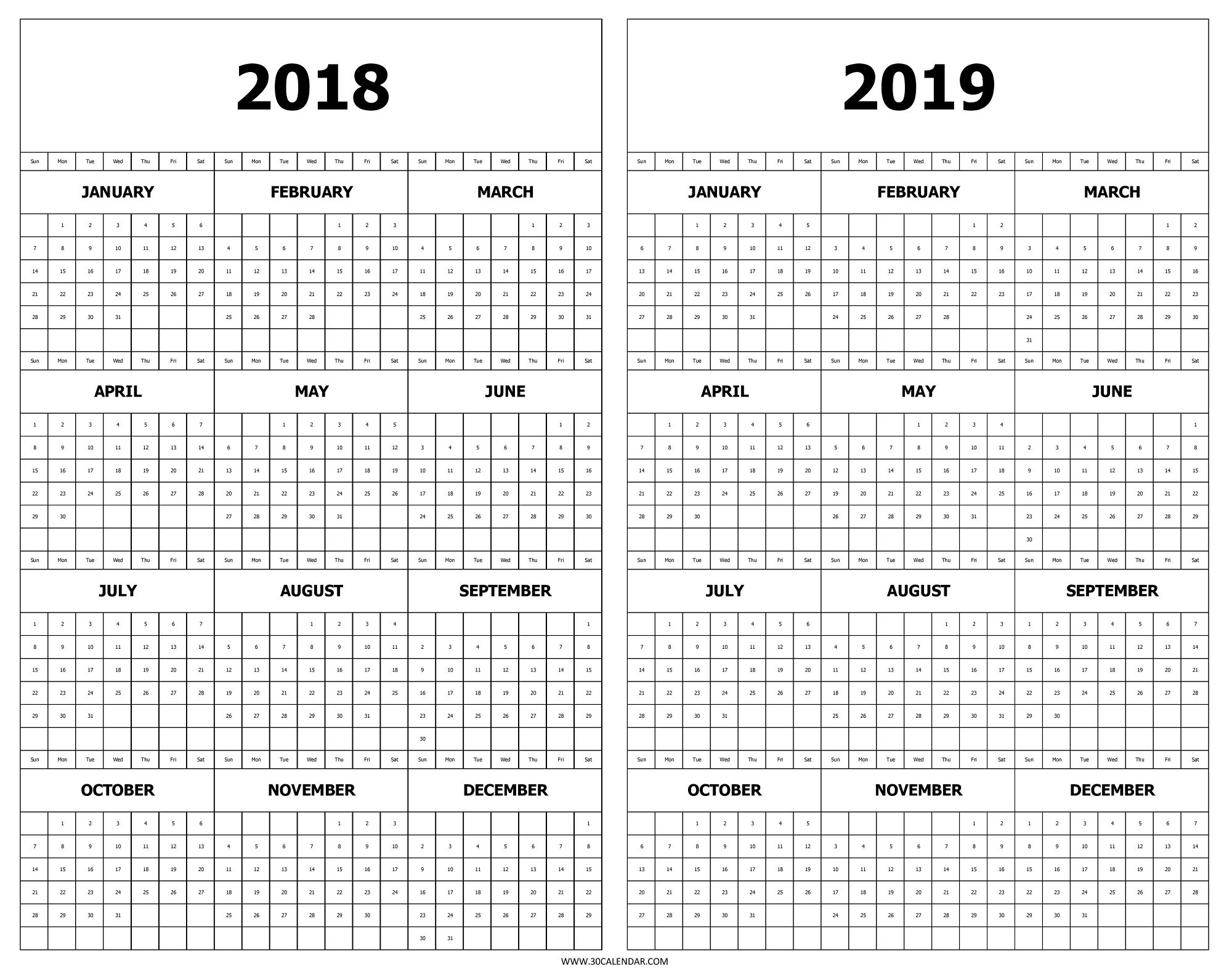 calendar 2018 and 2019 printable free 2 year at a glance