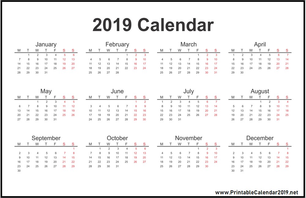 free 2019 one page calendar printable free printable
