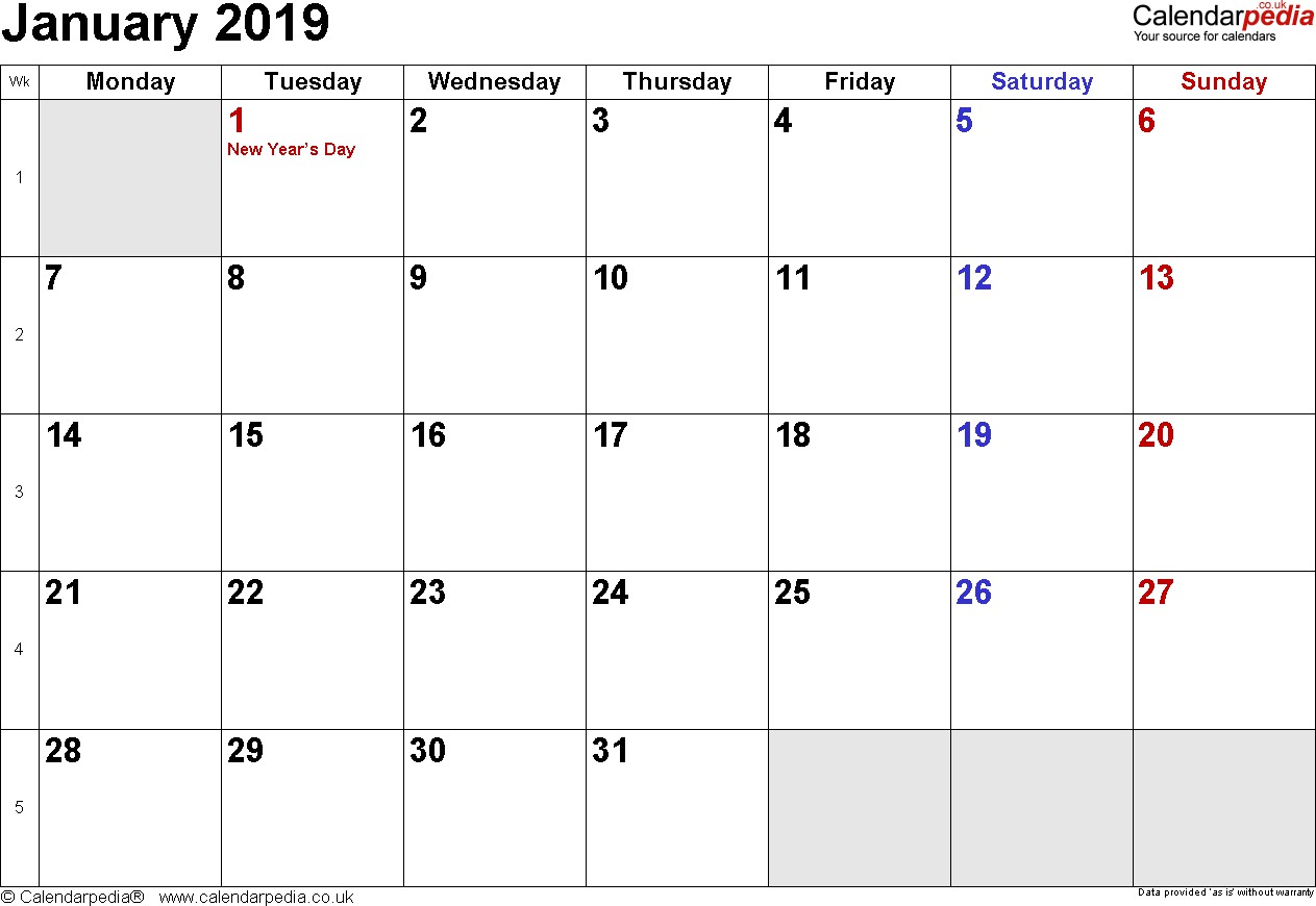 Calendar January 2019 UK Bank Holidays Excel PDF Word