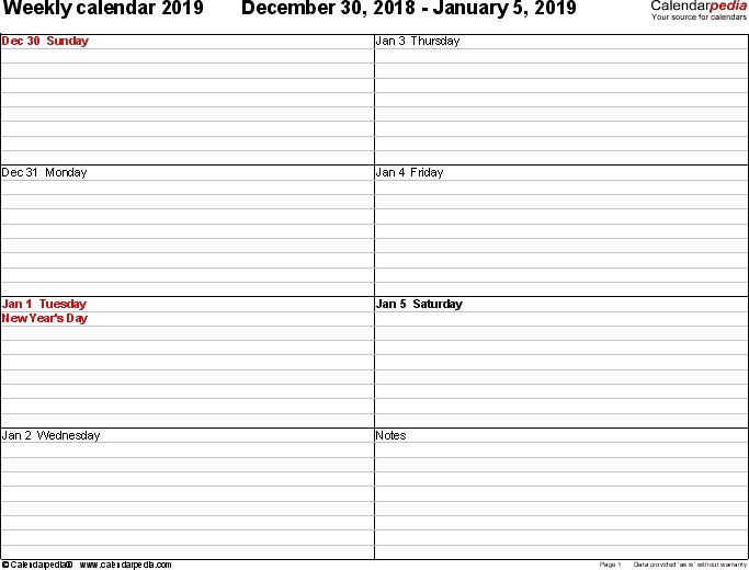 Weekly calendar 2019 for PDF 12 free printable templates