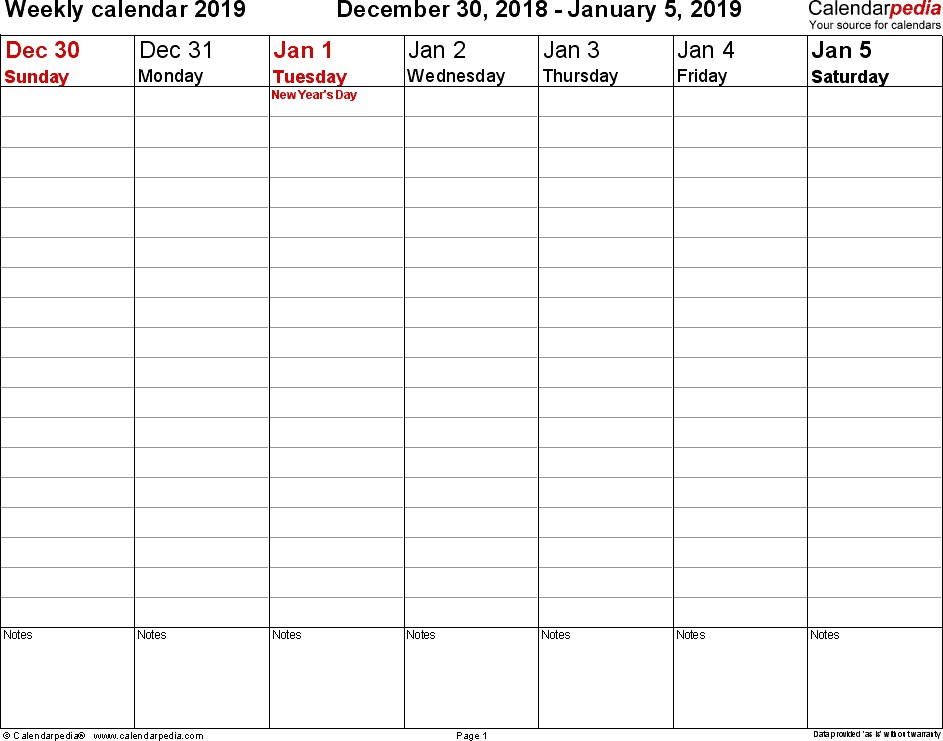 Weekly calendar 2019 for PDF 12 free printable templates