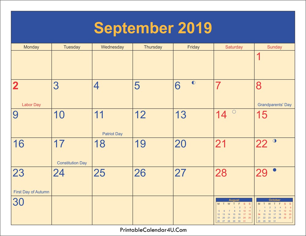 September 2019 Calendar Printable with Holidays PDF and JPG