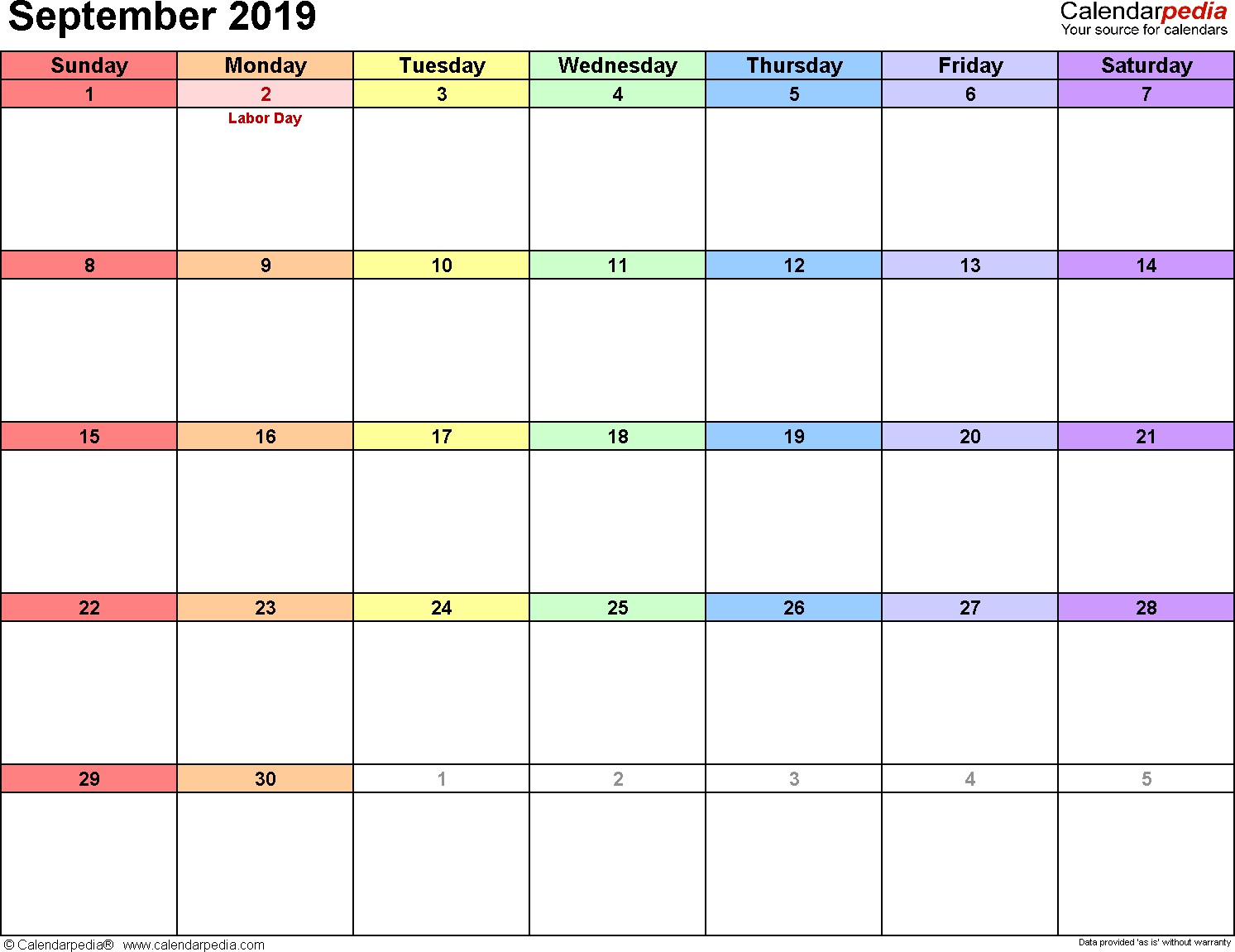 September 2019 Calendars for Word Excel & PDF