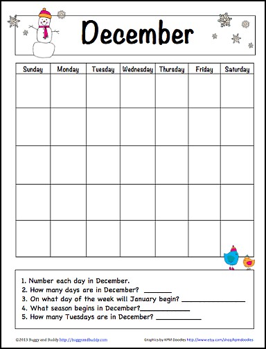 december learning calendar for kids free printable