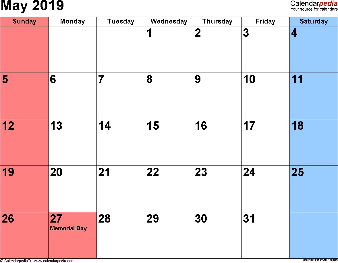 may 2019 calendars for word excel pdf