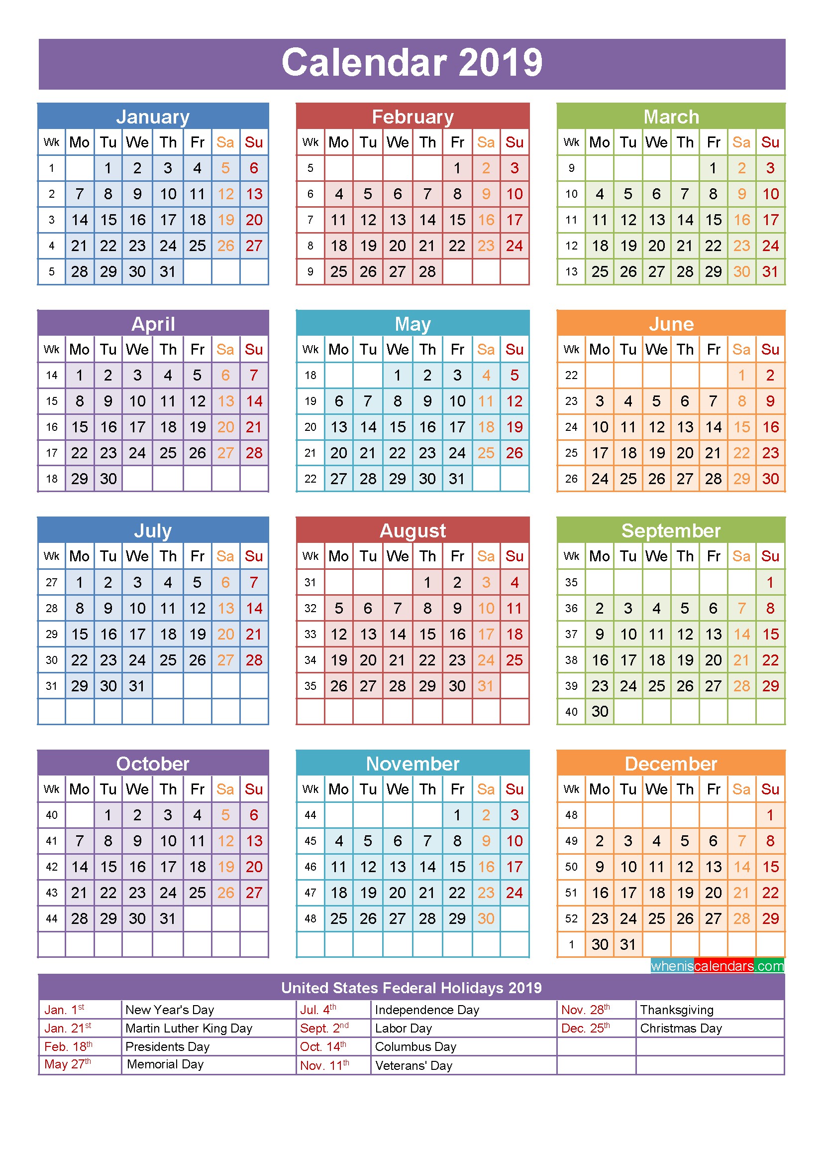2019 Calendar With Holidays