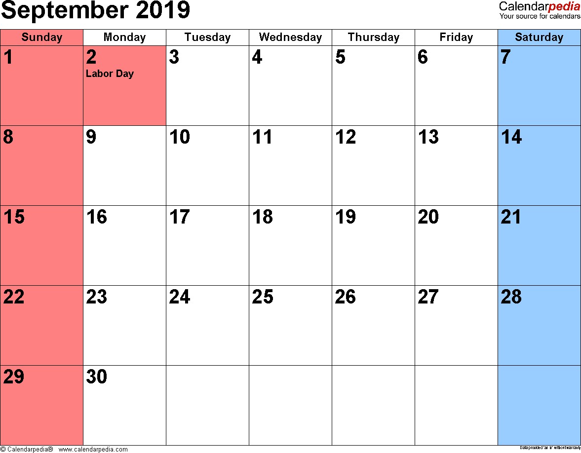 september 2019 calendars for word excel pdf