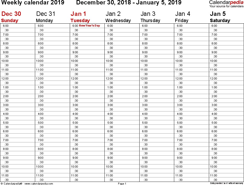 Weekly calendar 2019 for Excel 12 free printable templates