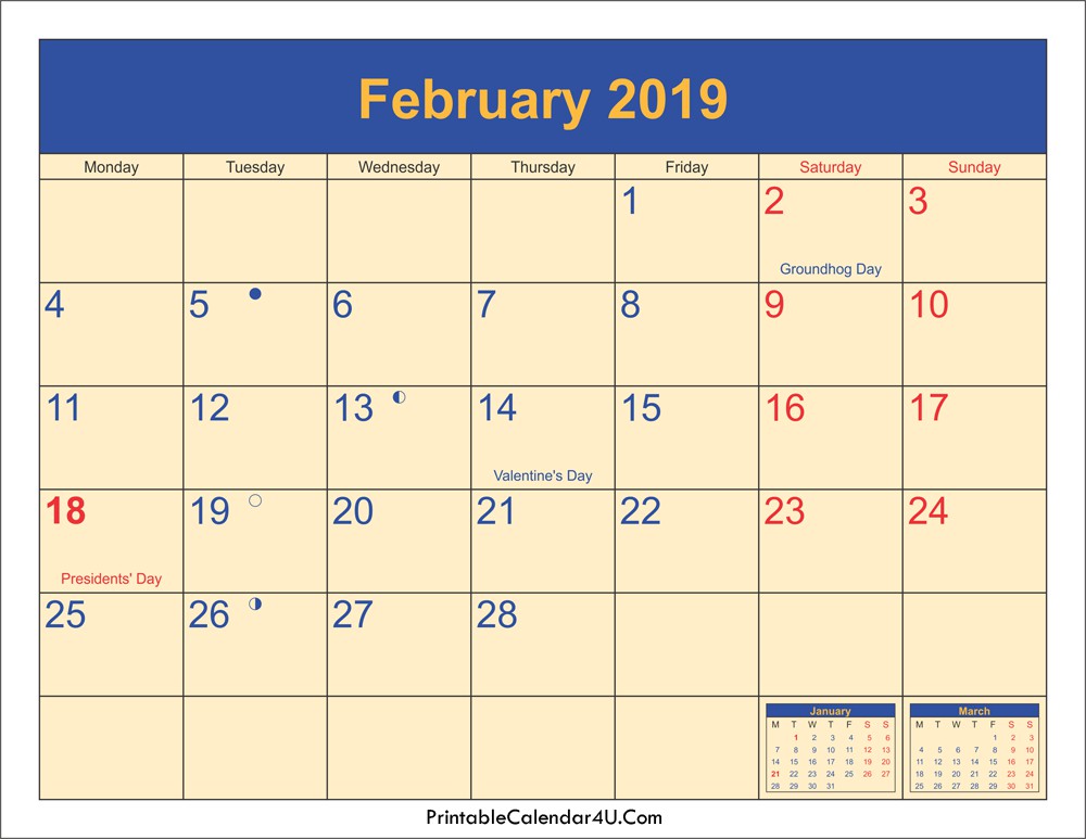 February 2019 Calendar Printable with Holidays PDF and JPG