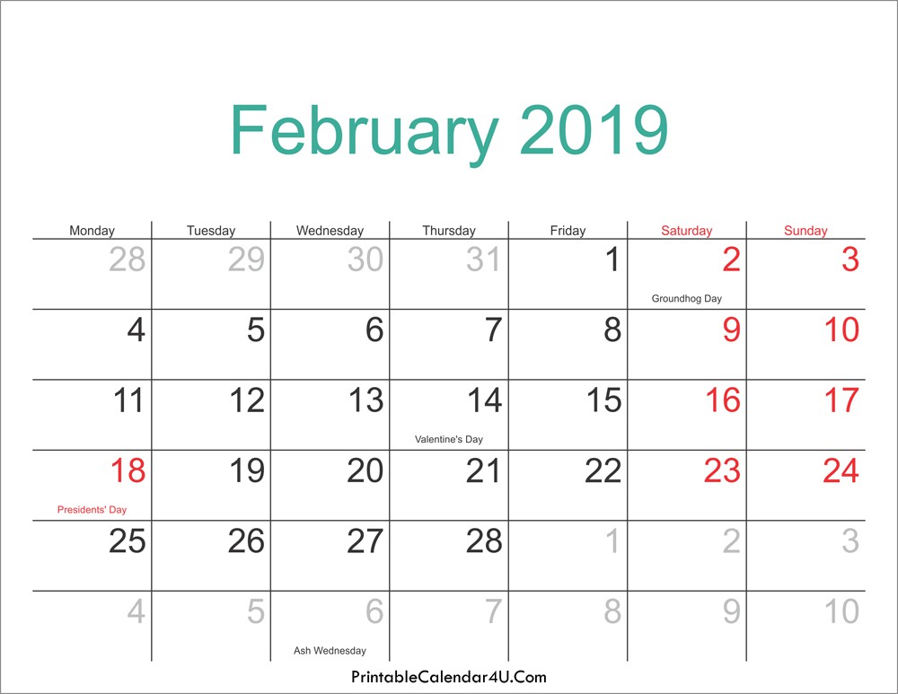 February 2019 Calendar Printable with Holidays PDF and JPG