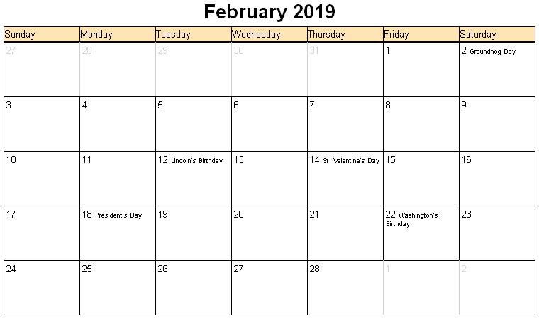 February 2019 Calendar With Holidays