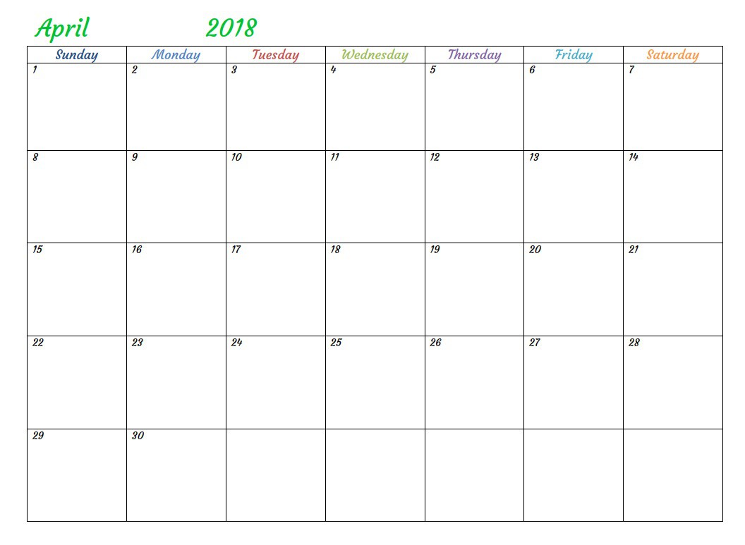 print april 2018 calendar fillable template