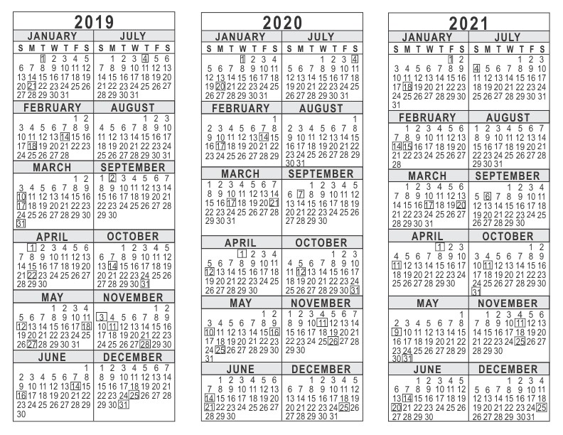 2019 2020 2021 3 year calendar