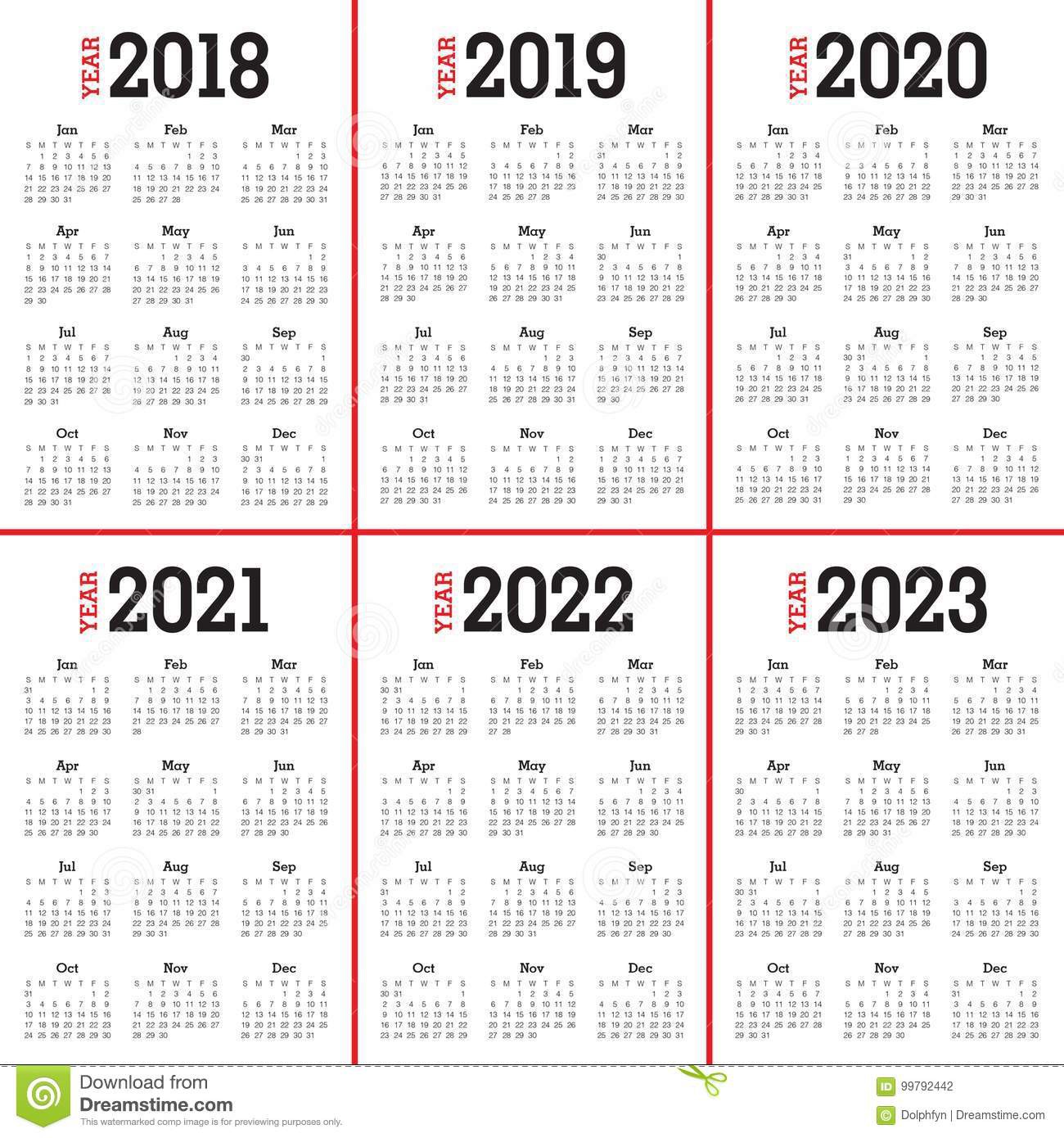 year 2018 2019 2020 2021 2022 2023 calendar vector stock