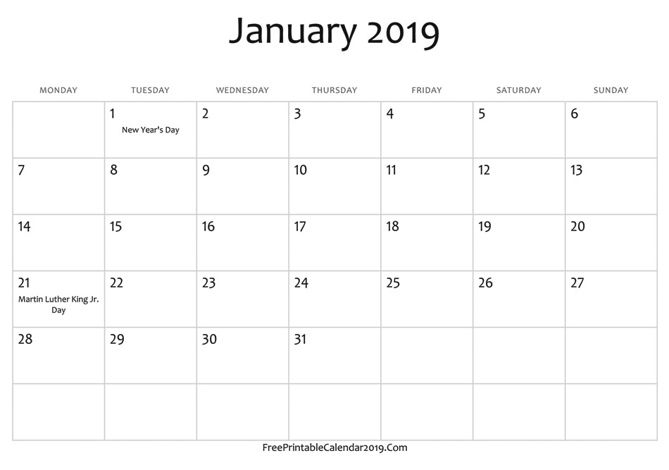 January 2019 Calendar Templates