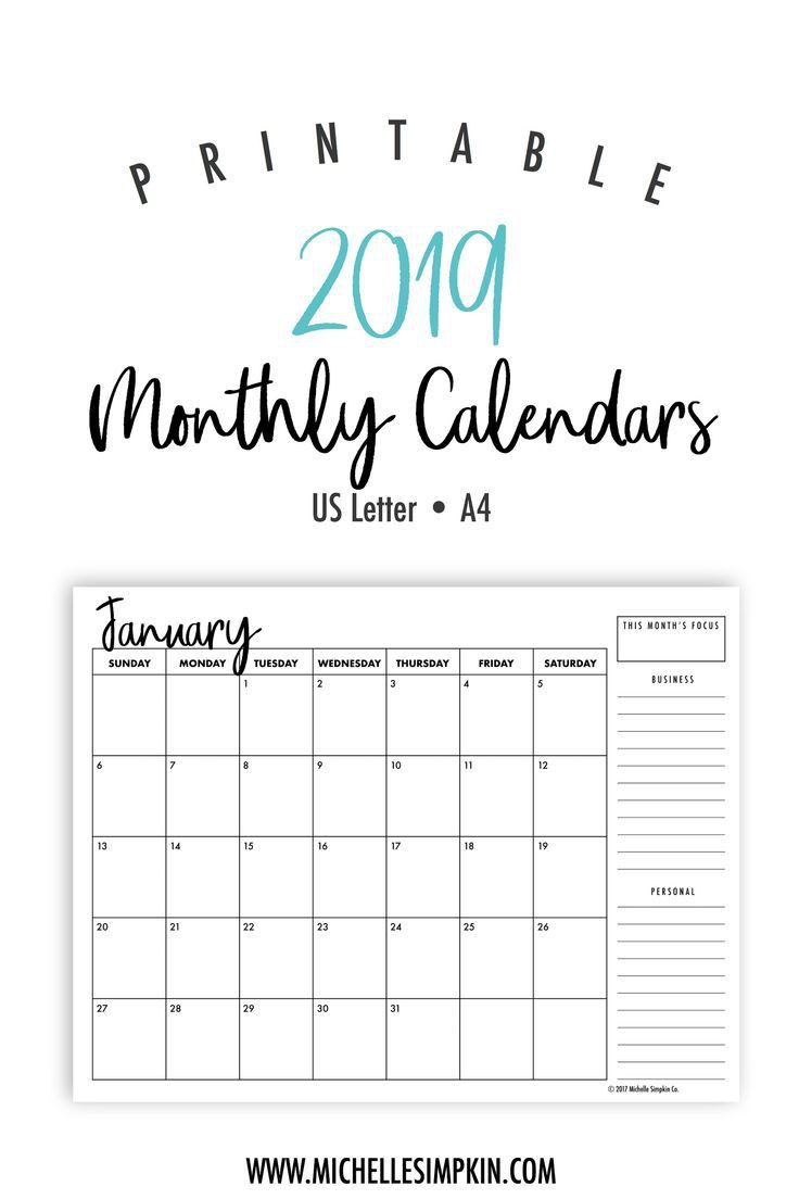 2019 Calendar 2019 Monthly Calendar Printable Calendar