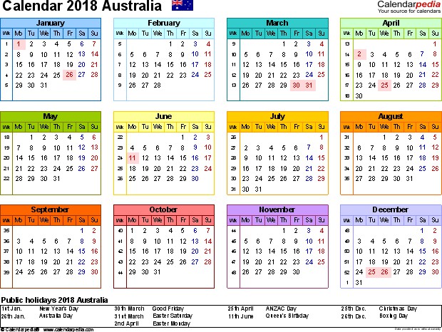 2018 Calendar Australia
