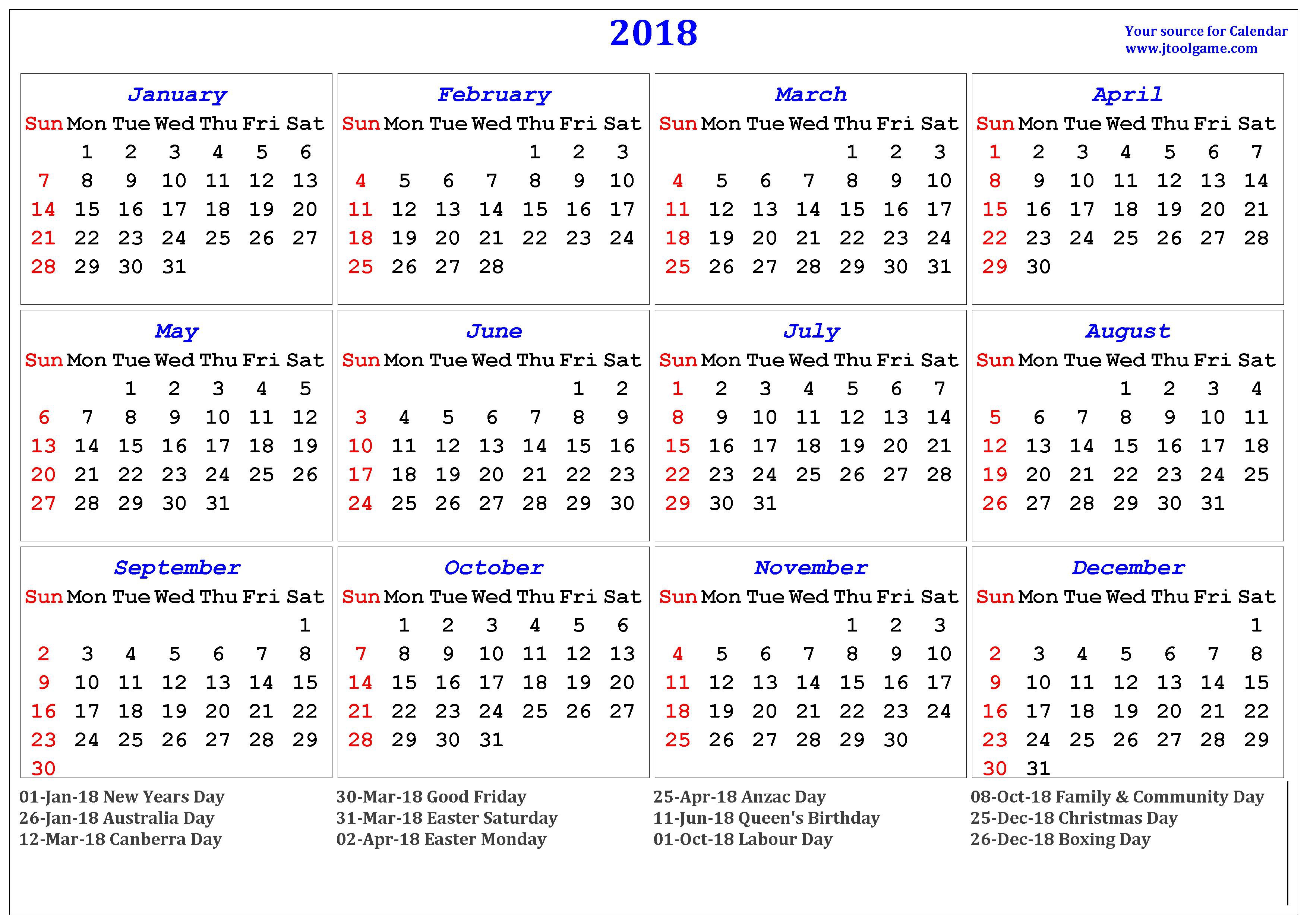 2018 Calendar printable for Free Download India USA UK