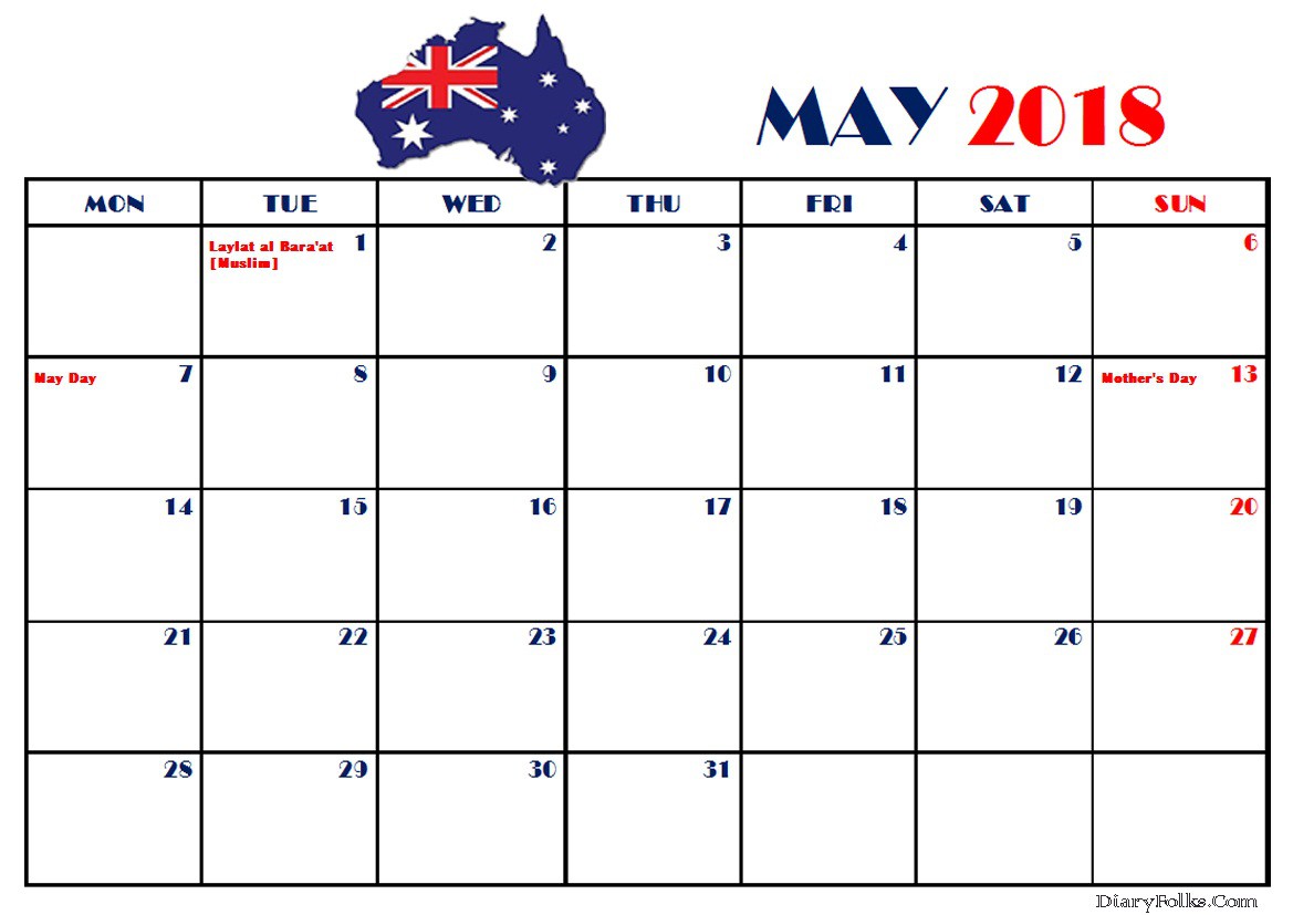 May 2018 Australia Calendar With Holidays