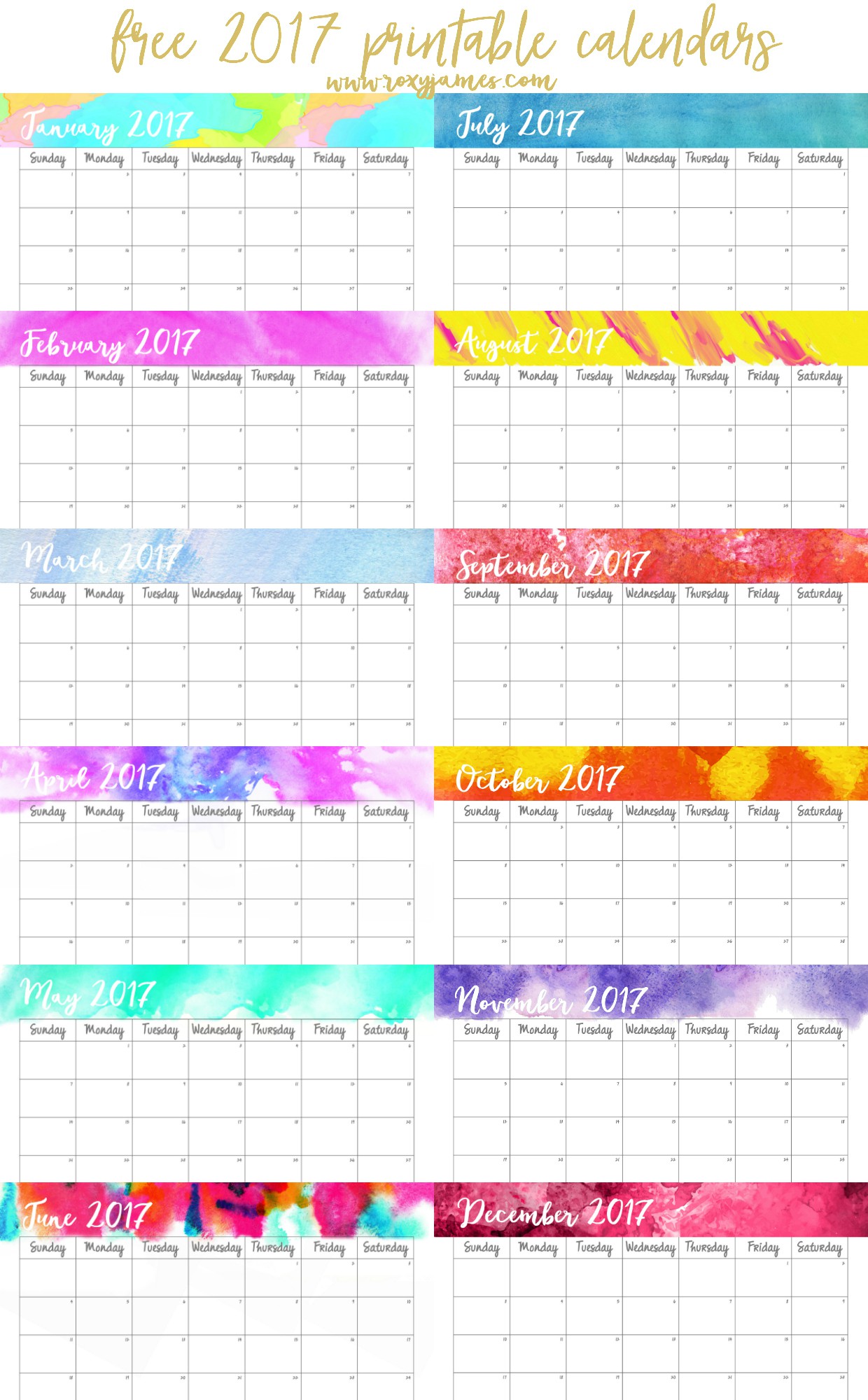 free 2017 printable calendars watercolor roxy james